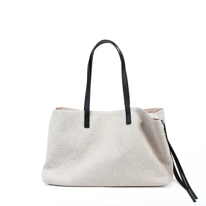 Toile de lin épissée Sac fourre-tout surdimensionné en cuir de vachette de première qualité