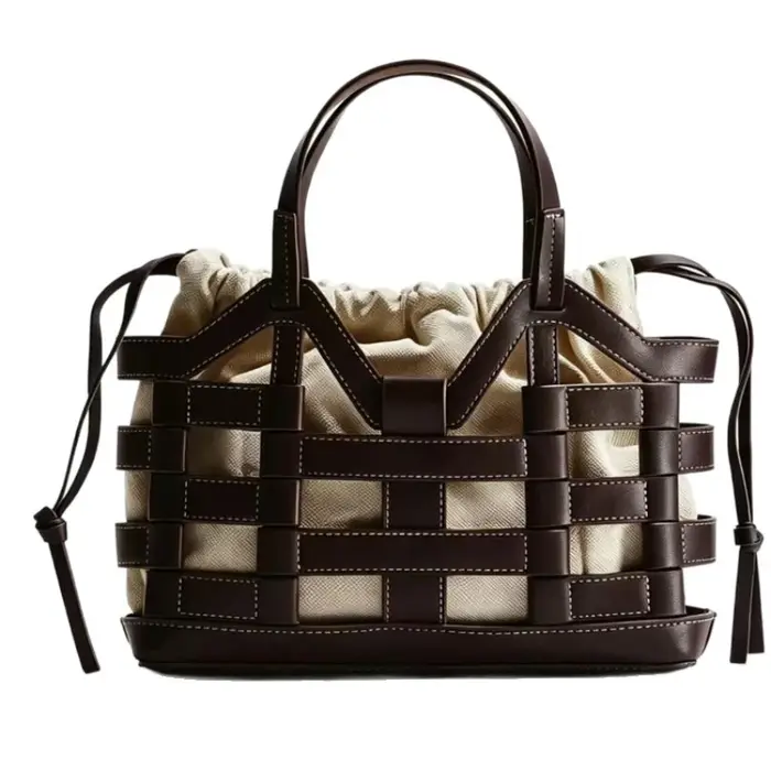 Sac fourre-tout rétro français ajouré tressé avec cordon de serrage, sac intérieur, sac panier de lu