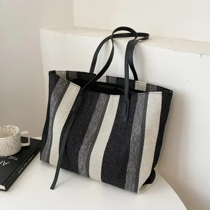 Raphia-Sac à Main en Toile à Rayures pour Femme