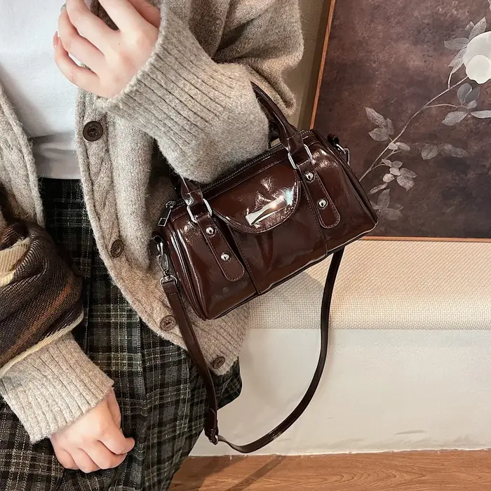 Mini sacs à poignée supérieure pour femmes huile brillante en cuir PU couleur Pure épaule