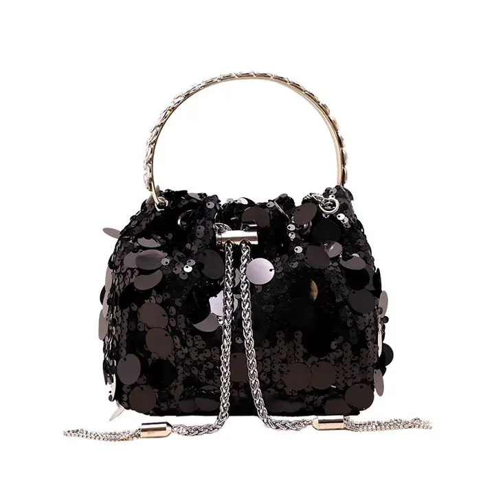 Sacs seau à paillettes argentées pour femmes, sac de dîner à paillettes avec pompon en métal, sac se