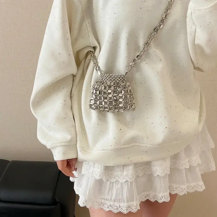Sac seau brillant argenté pour femme, sac à main minimaliste multi-positions, sac bandoulière pour l