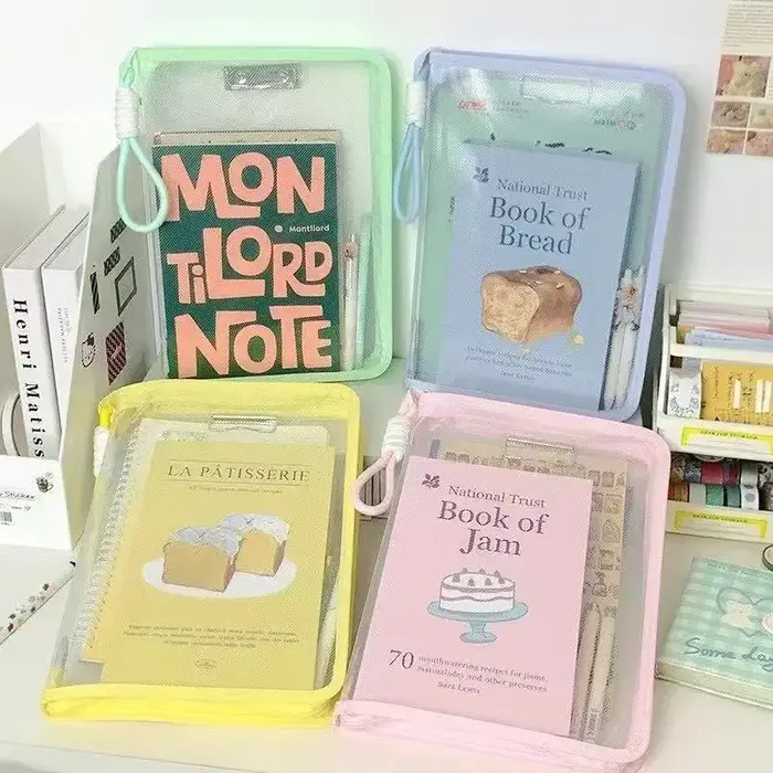 Sac de rangement de documents transparent à fermeture éclair avec clip