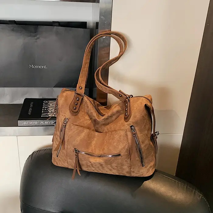 Sac fourre-tout à fermeture éclair en cuir PU de couleur unie