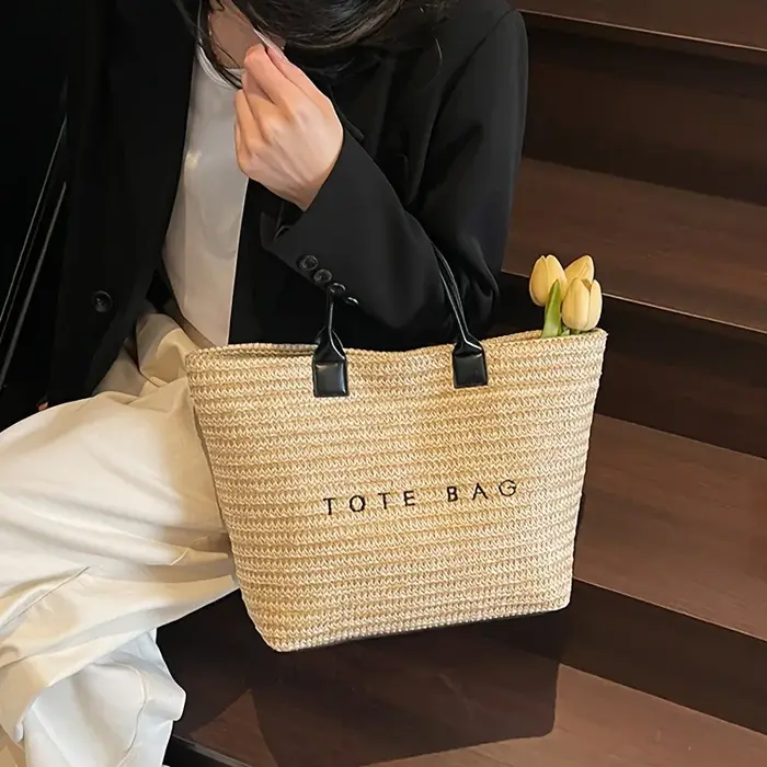 Sac fourre-tout en paille avec lettres brodées de grande capacité pour femmes