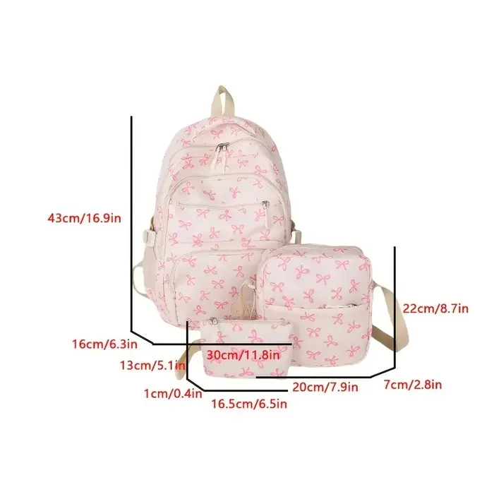 3 pièces/ensemble mignon grande capacité arc sac à dos nœud imprimé Nylon sac d'école sangle réglable voyage sac à dos