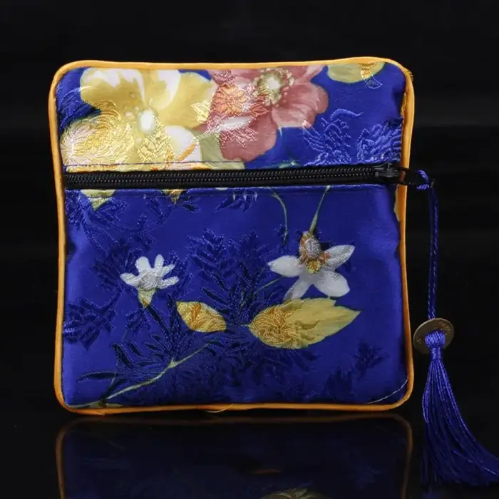 Pochette à monnaie brodée en tissu, motif floral, avec pendentif en cuivre, sac de rangement pour bijoux, sac à bracelets, pochette cadeau, pochette à monnaie de style chinois