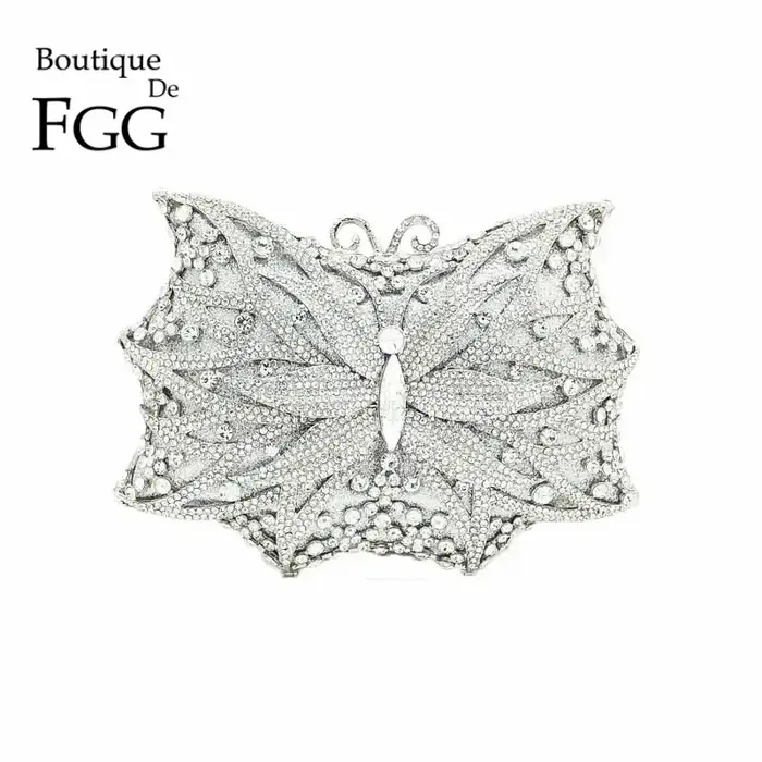 Bouotique De FGG Bling femmes argent papillon pochette sacs à main De soirée mariée mariage strass Minaudiere