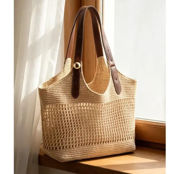 Sac à main décontracté pour femme, nouveau modèle, tissé à la main, grande capacité, en paille ajourée, sac fourre-tout de voyage et de loisirs, souple et carré