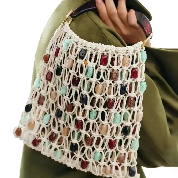 Nouveau Sac de Plage Bohème en Corde Tressée avec Perles Colorées pour Femme