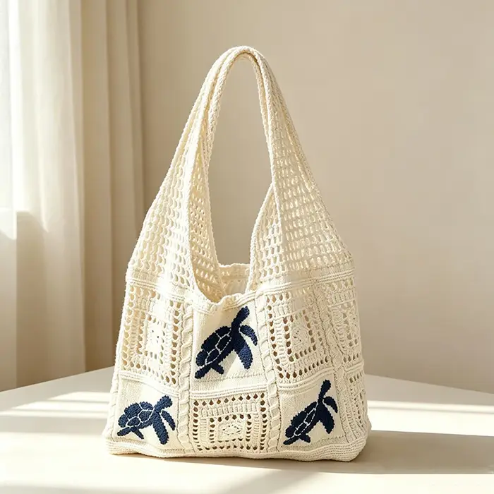 Sac à bandoulière grande capacité en crochet, sac fourre-tout brodé tortue, sac tissé ajouré, sac à