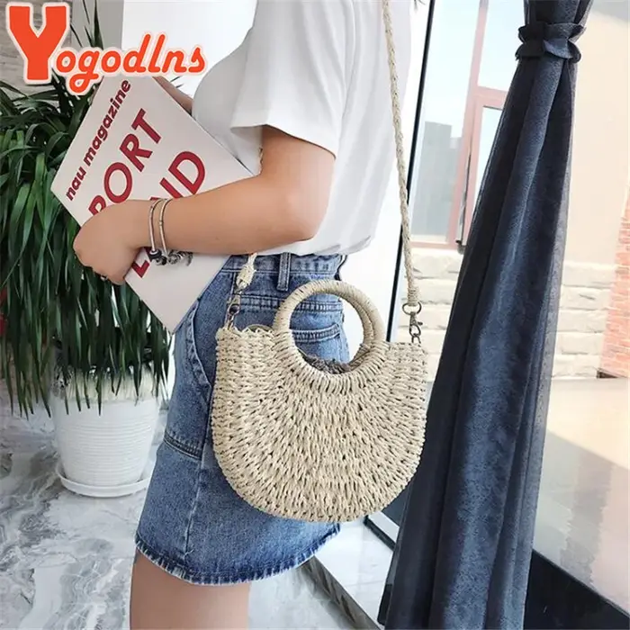 Yogodlns fait à la main demi-rond rotin tissé sac de paille été femmes messager sacs à bandoulière filles petit sac