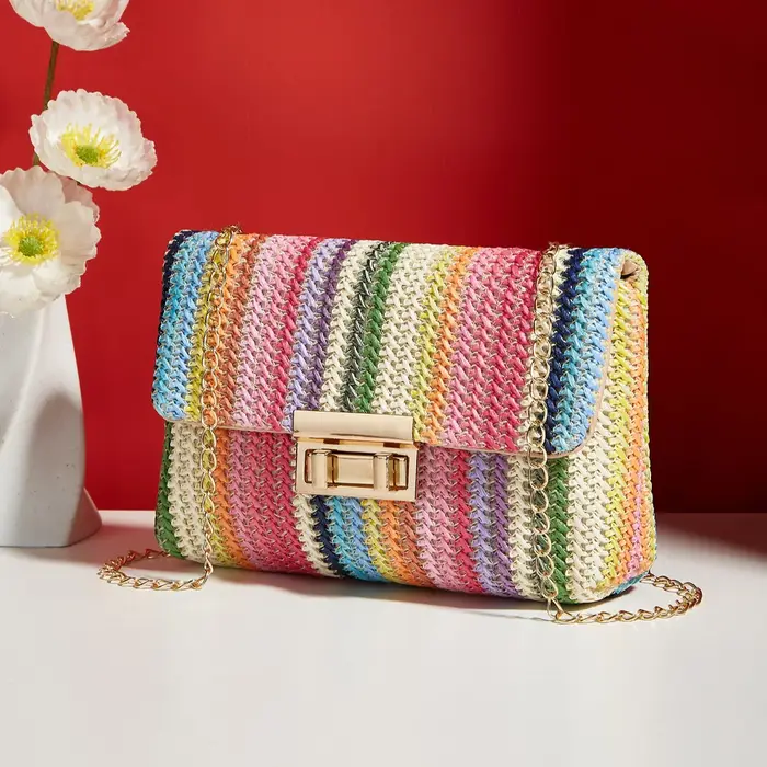 Sac à main en paille rayé multicolore pour femmes
