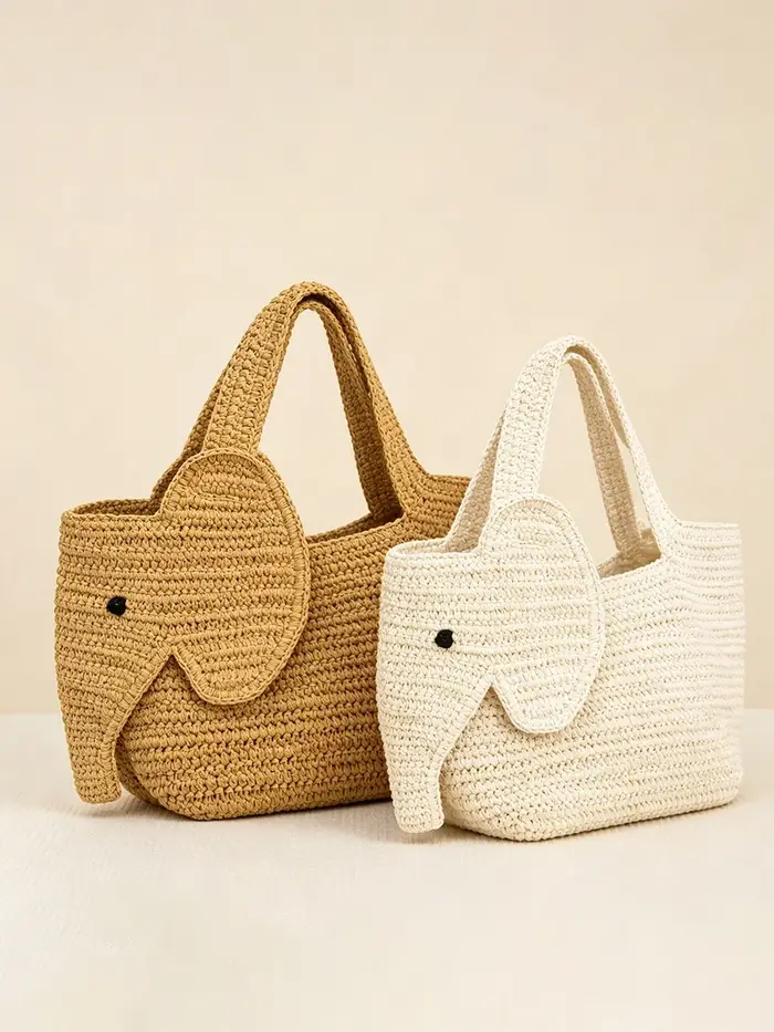 Sac fourre-tout tressé en paille fait main en forme d'éléphant