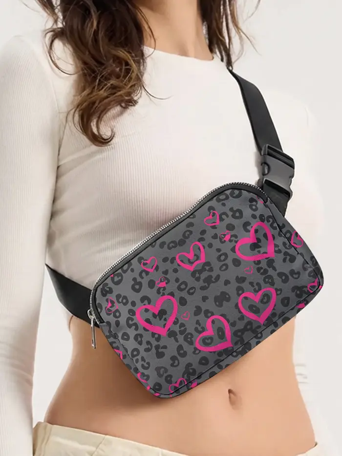 Sac banane réglable rose à imprimé léopard en forme de cœur pour femme
