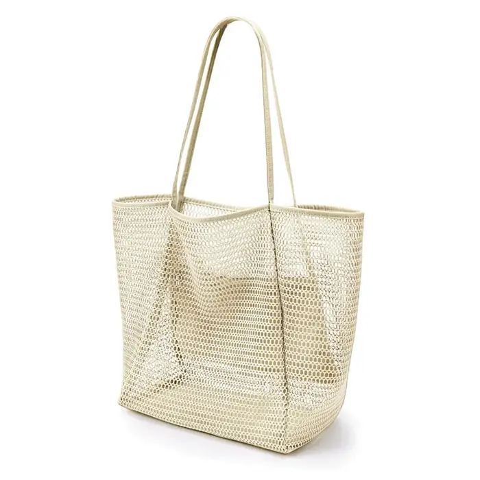 Grand sac de plage en maille pour femme, sac à bandoulière en polyester tissé durable avec dessus ou
