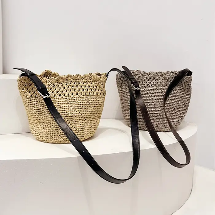 Sac Femme Raphia Paille Tissé Cuir Véritable Sangle Vache Bohème Vintage Plage Vacances Faite Main Crochet Ajouré Bord Ondulé Souple Grande Capacité Décontracté Usage Quotidien Haute Qualité Mode Styl