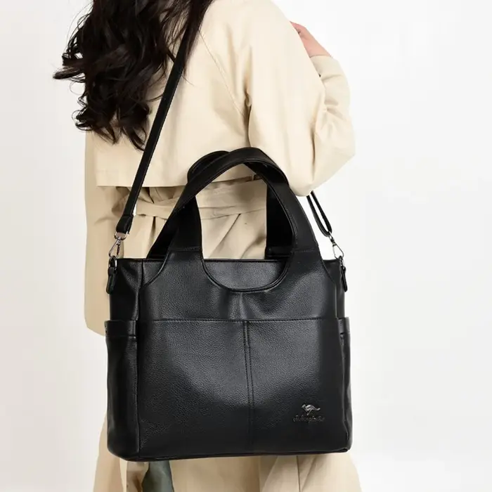 Sac fourre-tout en cuir souple, 3 compartiments principaux, double poche avant, grande capacité, sac