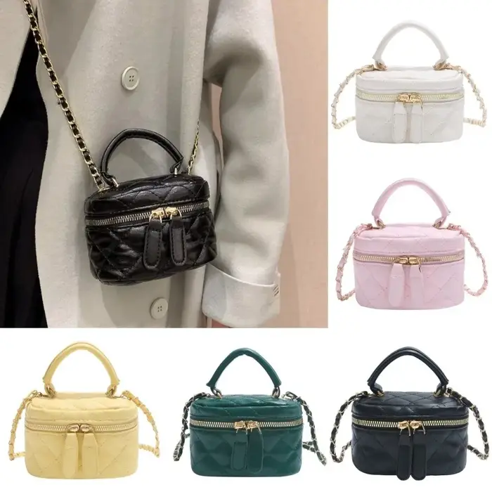 Mini sac seau en cuir matelassé à motif diamant, sac à chaîne à carreaux multicolores avec bandoulière chaîne dorée