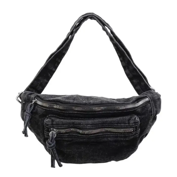 Sac banane vintage en jean délavé pour femme, multi-poches, avec bandoulière réglable, idéal pour le