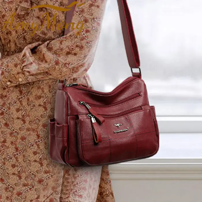 Sacs à bandoulière en cuir souple multi-poches pour femmes