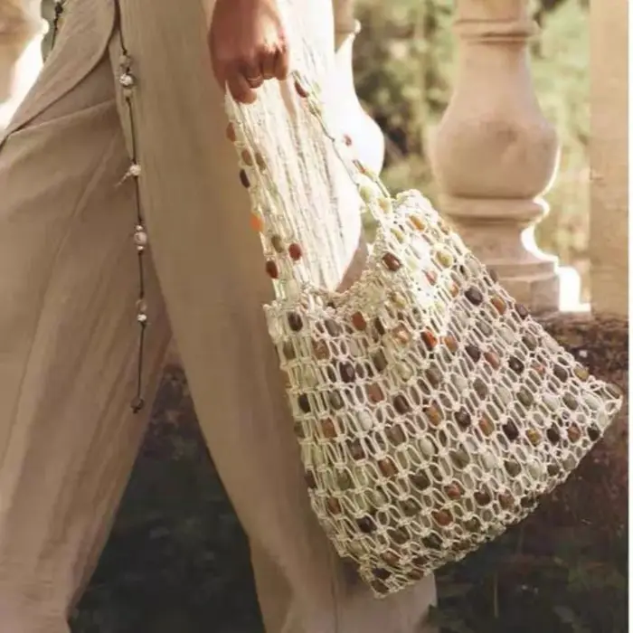 Nouveau Sac de Plage Bohème en Corde Tressée avec Perles Colorées pour Femme
