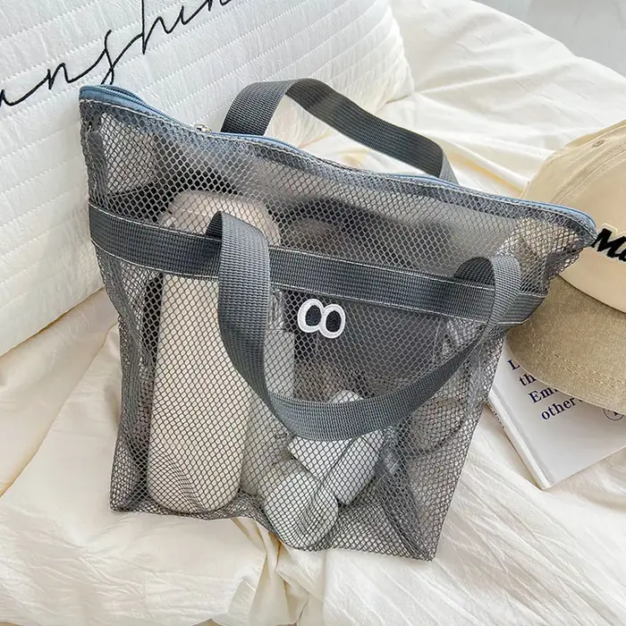 Sac de plage en filet multicolore avec grands œillets, sac fourre-tout de plage multifonctionnel et 