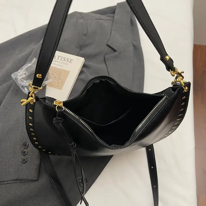 Sac à bandoulière demi-lune en cuir PU noir pour femme