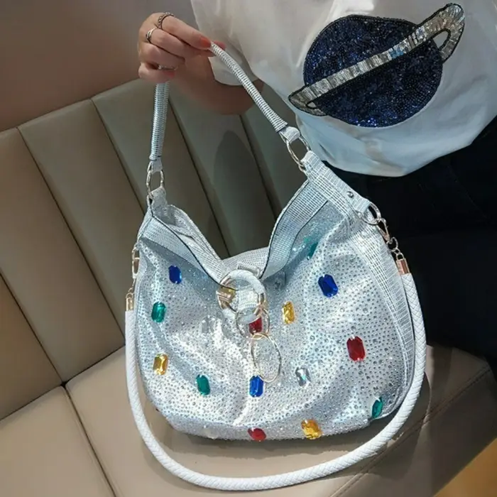 Sac à bandoulière hobo léopard scintillant avec pierres précieuses colorées