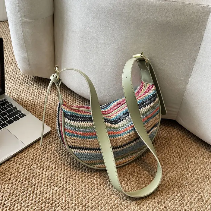 Sac Hobo Bohème pour Femme, Sac Bandoulière Tissé à Rayures, Sangle Réglable, Sac à Épaule Multifonc