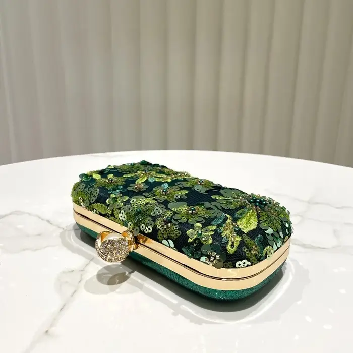 Pochette vert olive pour femme, élégante, brodée de paillettes et de perles, sac de soirée, sac de fête, sac à main vintage à paillettes