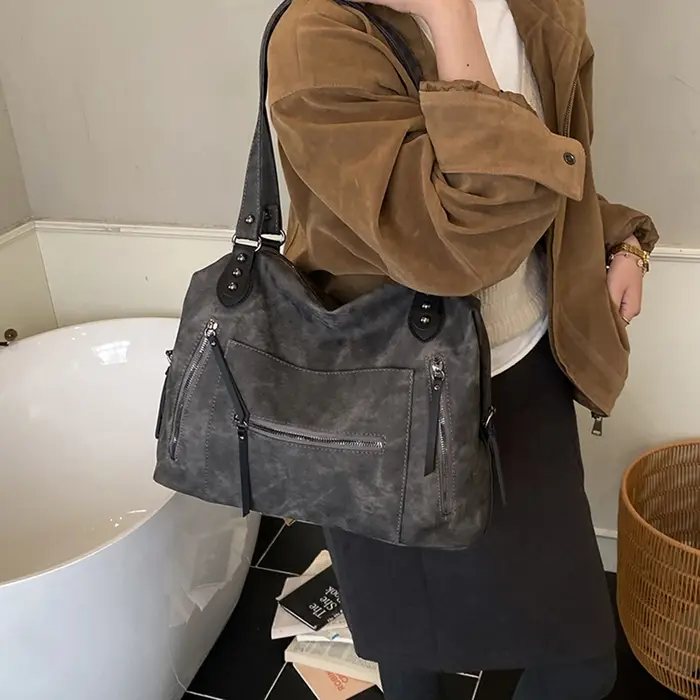 Sac fourre-tout à fermeture éclair en cuir PU de couleur unie
