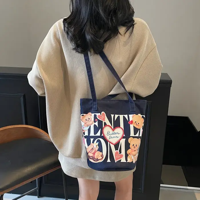 Sac seau en toile imprimé ours mignon