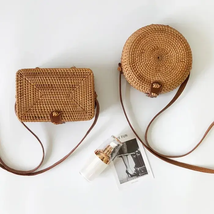 Carré rond Mulit Style sac de paille sacs à main femmes été rotin sac
