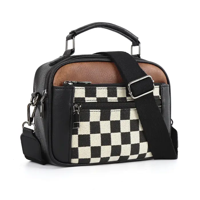 Sac à main en toile à carreaux en PU pour femmes, avec double fermeture éclair, poignée supérieure, 