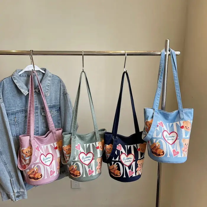 Sac seau en toile imprimé ours mignon