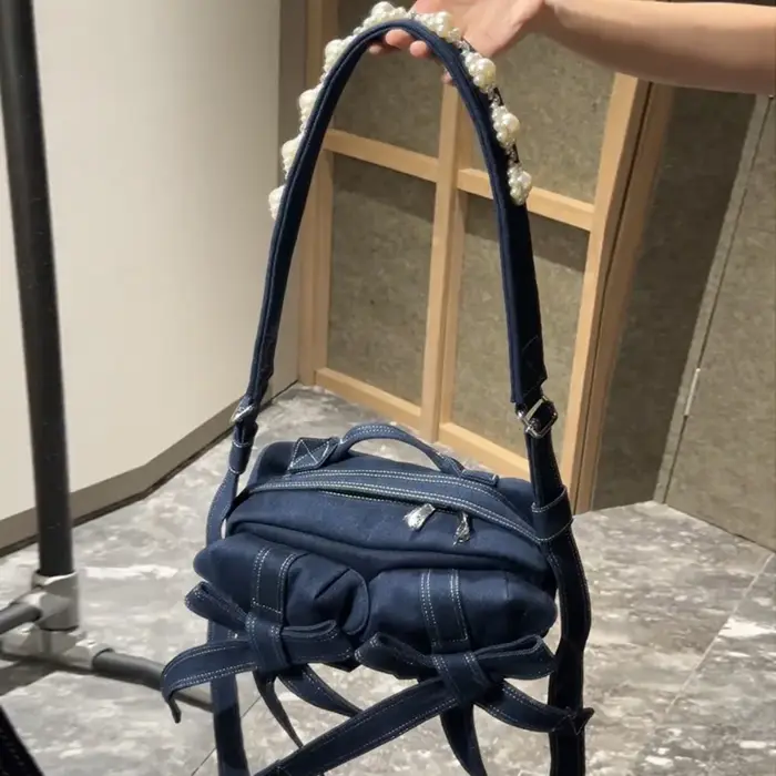 Perle Bow Sac à bandoulière Vintage Denim Sac Femme grande capacité Crossbady Bolsos Mujer japon coréen sacs