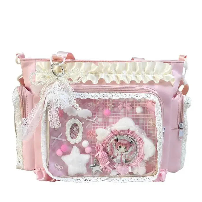 Sac fourre-tout Ita japonais Kawaii rose en dentelle à volants avec plaque de base et fenêtre transparente