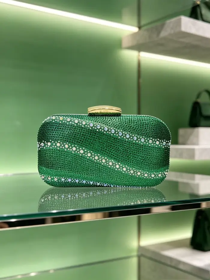 Pochette de soirée vintage vert émeraude ornée de strass