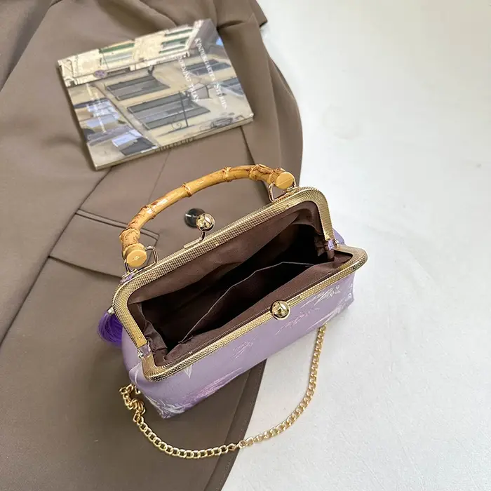 Vintage bambou poignée fourre-tout Style ethnique jour pochette violet Jacquard broderie sac à main élégant dame
