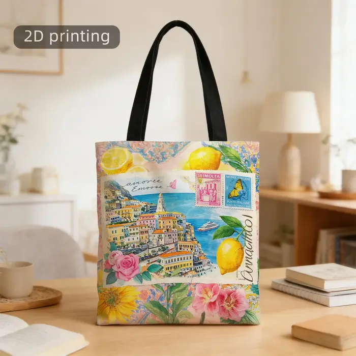Sac fourre-tout vintage en toile italienne, imprimé cartes postales de la côte d'Amalfi, sac d'épice
