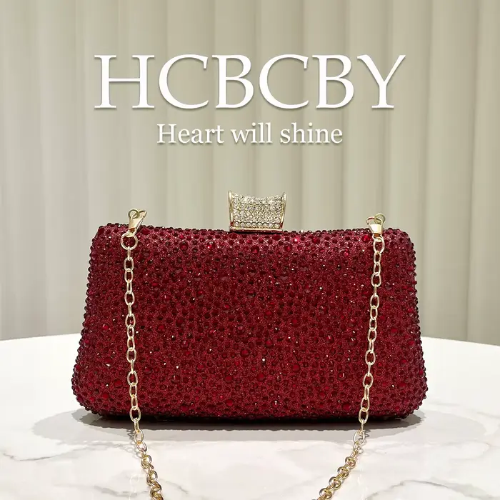 Pochette de soirée élégante bordeaux brillante de luxe ornée de strass