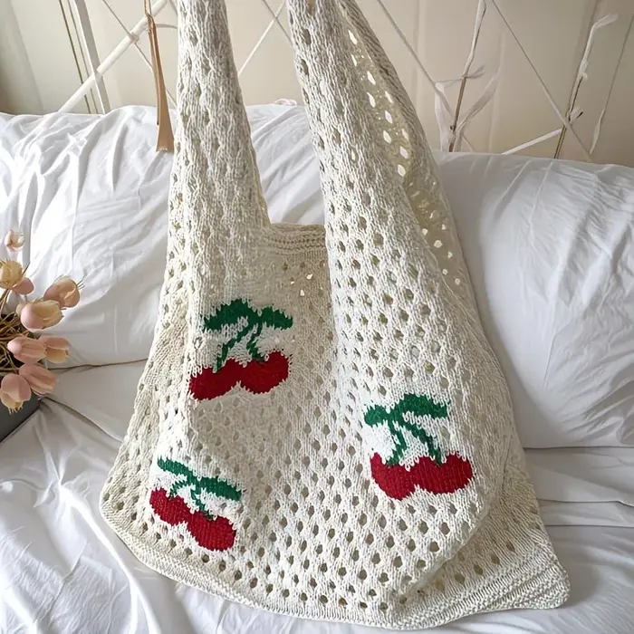 Sac à main en tricot ajouré motif cerise