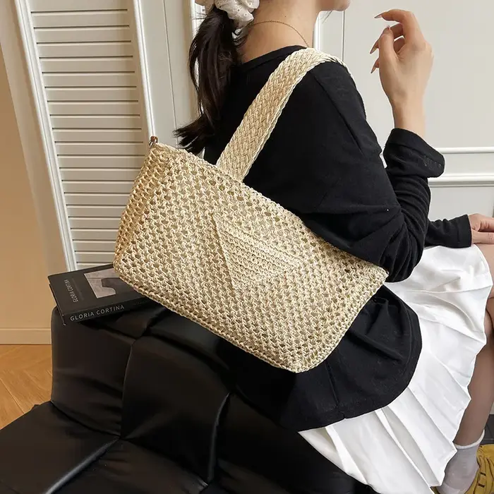 Sac en paille tressé grande capacité style vacances à la plage
