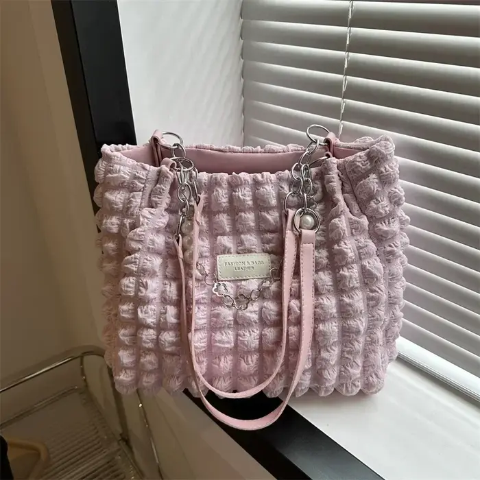 Sac fourre-tout de grande capacité pour femmes, fourre-tout à carreaux avec chaîne perlée, sacs à ba