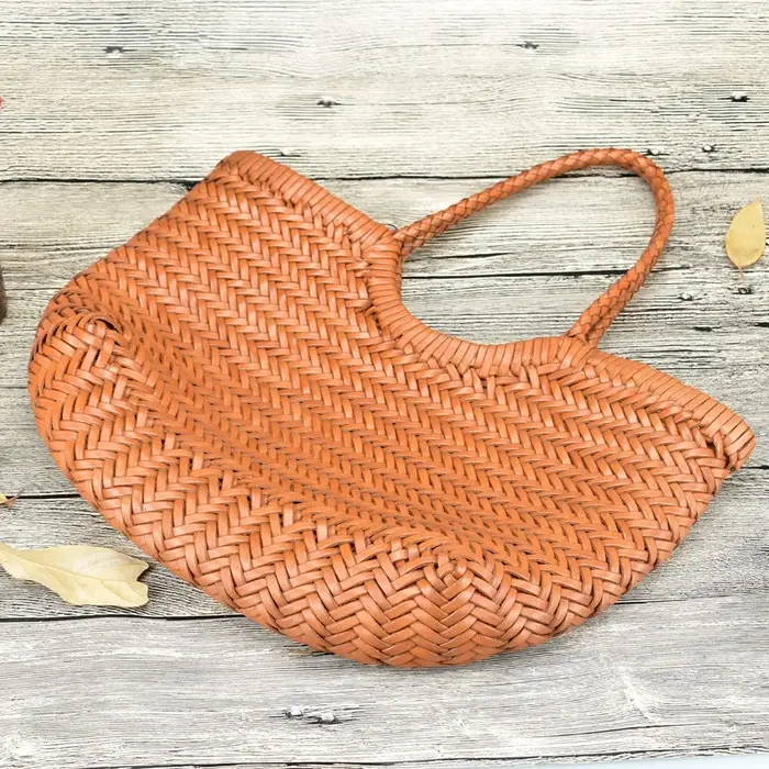 Sac panier à légumes décontracté tissé à la main en cuir véritable avec sac intérieur