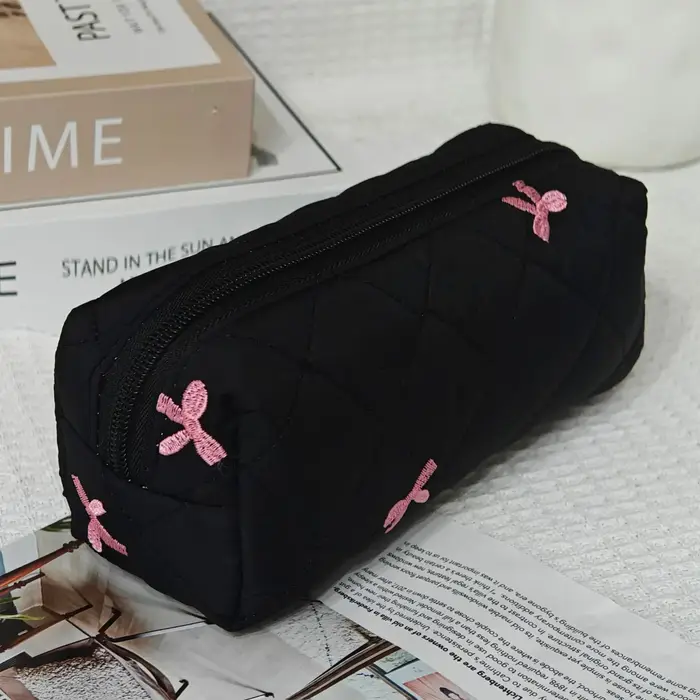 Trousse de maquillage Portable noire, grande capacité, pochette matelassée avec nœud rose, sac à mai