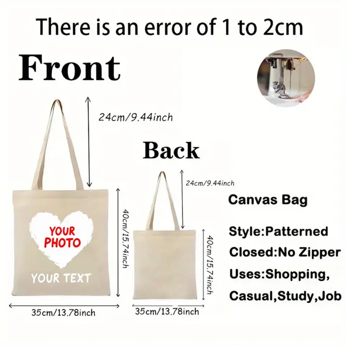 Sac fourre-tout en toile personnalisable avec photo d'amour blanc naturel et impression de texte pour un usage quotidien