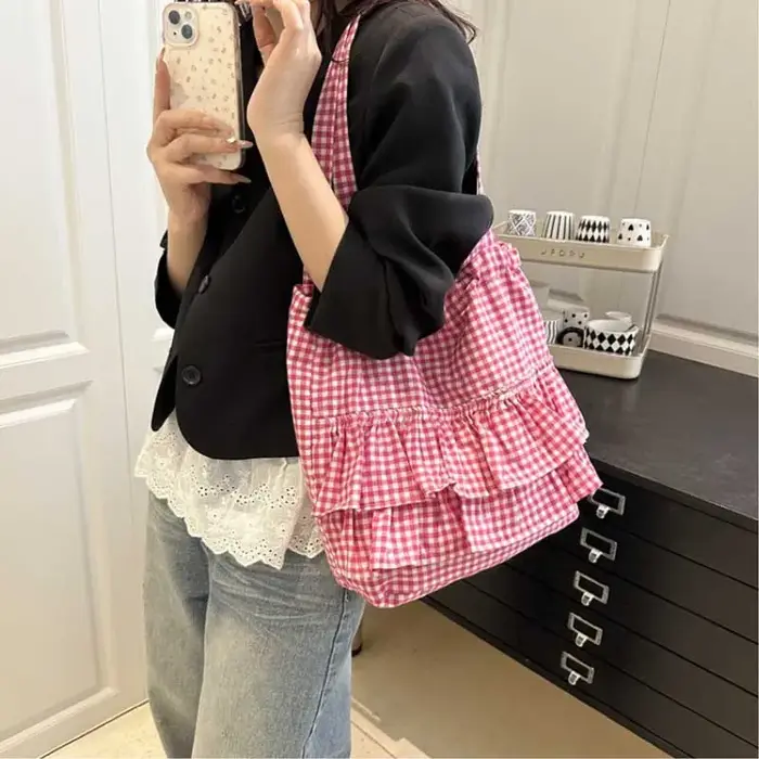 Sac fourre-tout pour femme, à volants, à carreaux, avec cordon de serrage, sac à main en toile tendance, grande capacité, sacs coréens, Bolsos De Mujer