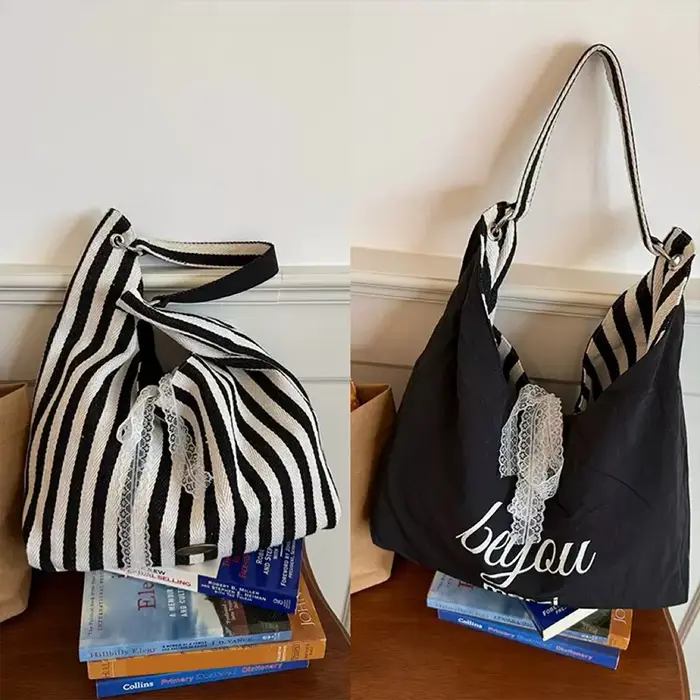 Sac hobo en toile à rayures pour femmes, avec nœud en dentelle, réversible, grand sac fourre-tout à bandoulière pour l'école et les pique-niques